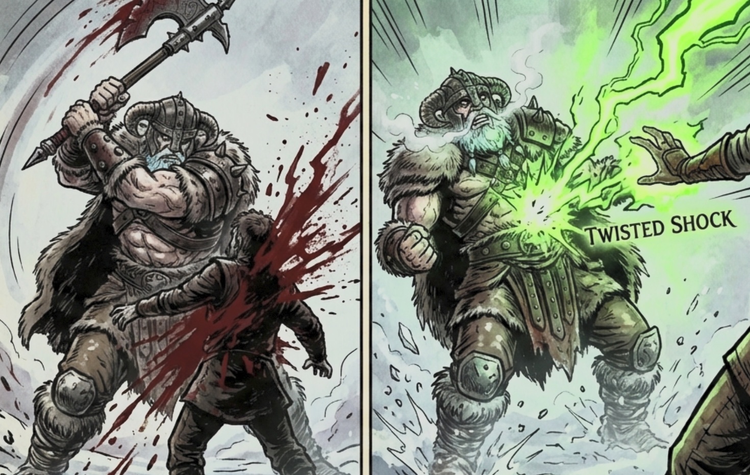 The Champion charged, striking down Arnulf as NeCola stepped forward and the Raven Tome flared with Twisted Shock.