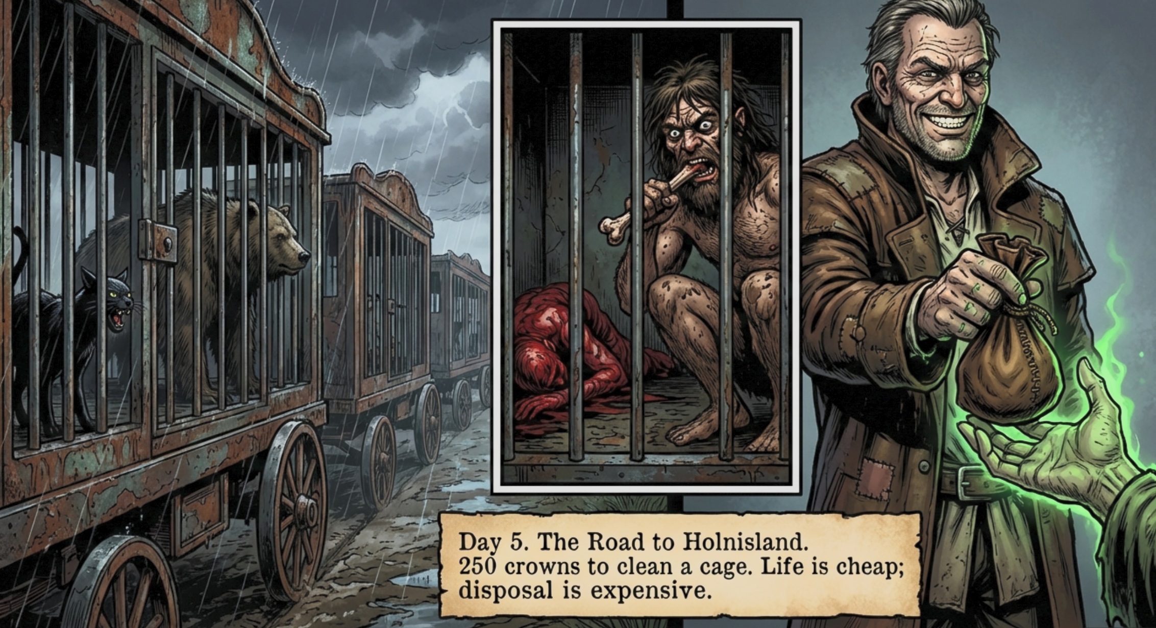 Pike, with his ivory teeth and businessman's grin, asked for help dealing with a feral human shackled in a cage of his own filth.